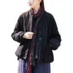 Womens Retro Colorblock Padded Jacket with Knotted Buttons