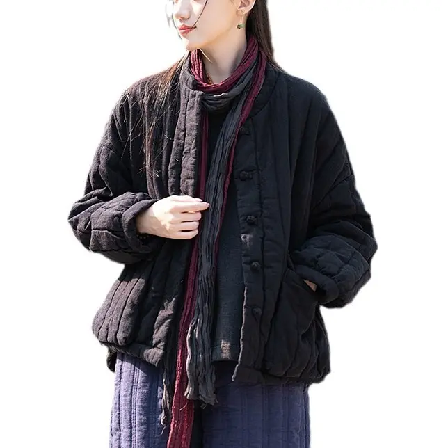Womens Retro Colorblock Padded Jacket with Knotted Buttons