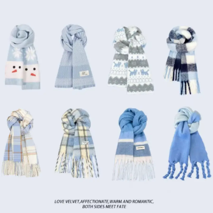 Light Blue Plaid Women’s Scarf with Tassels for Winter Wear