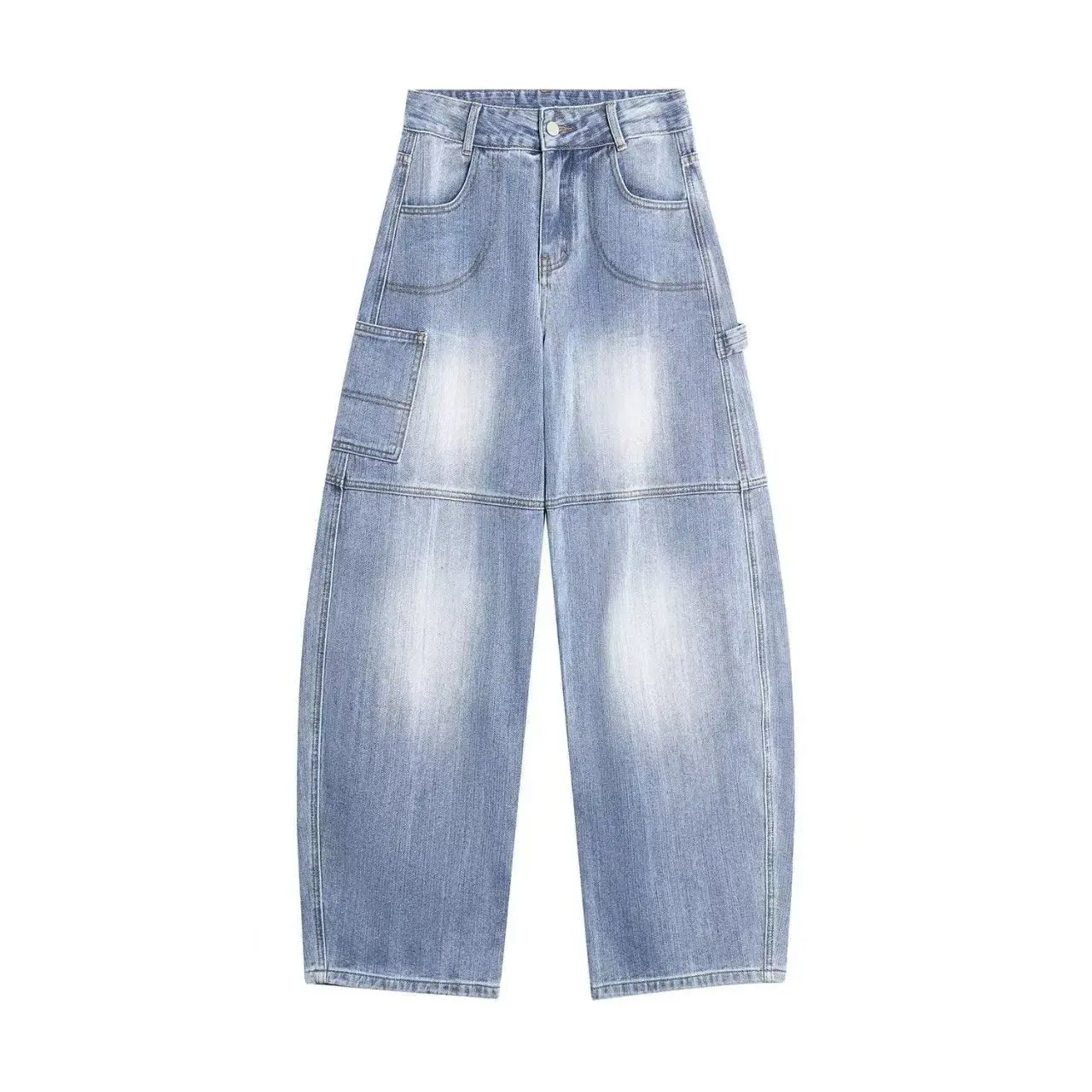 Distressed Blue Wide-Leg Denim Overalls with High Waist