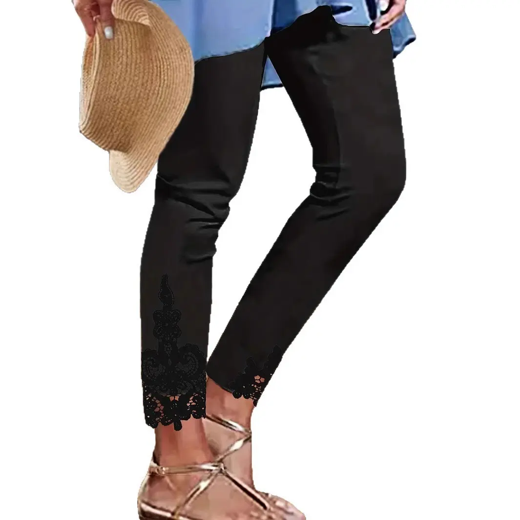 Lace Hollow-Out Cropped Tight Pants for Women with Stitch Detail Lace Hollow-Out Cropped Tight Pants for Women with Stitch Detail