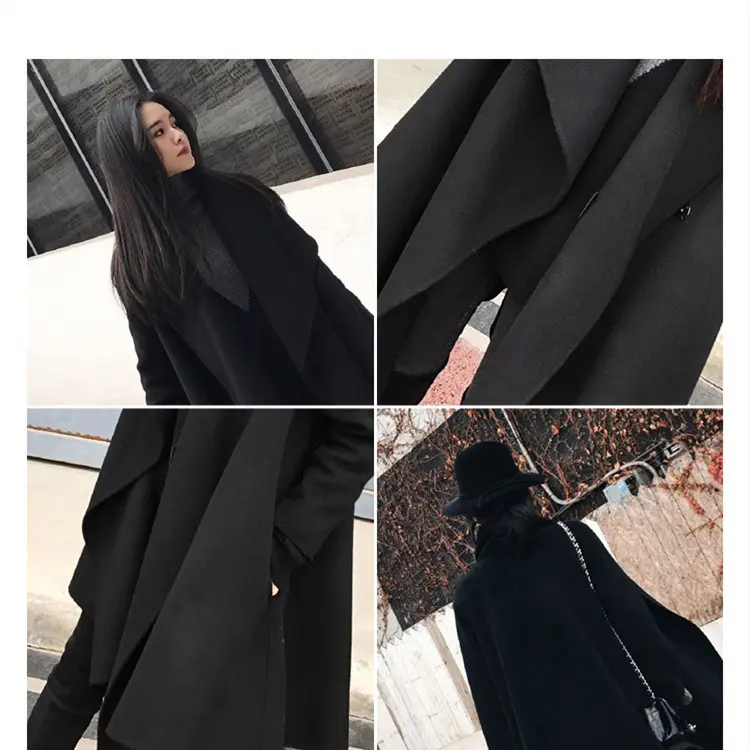 Black Irregular Loose Cloak Woolen Coat for Easy Movement
