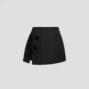 Bow-Tied A-Line Mini Skirt with Slit - Polyester Zipper
