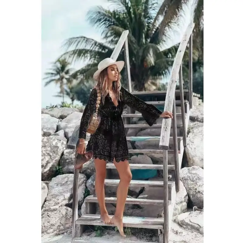 Sun-Protecting Lace V-Neck Bikini Cover-Up Shirt with Waistline Sun-Protecting Lace V-Neck Bikini Cover-Up Shirt with Waistline