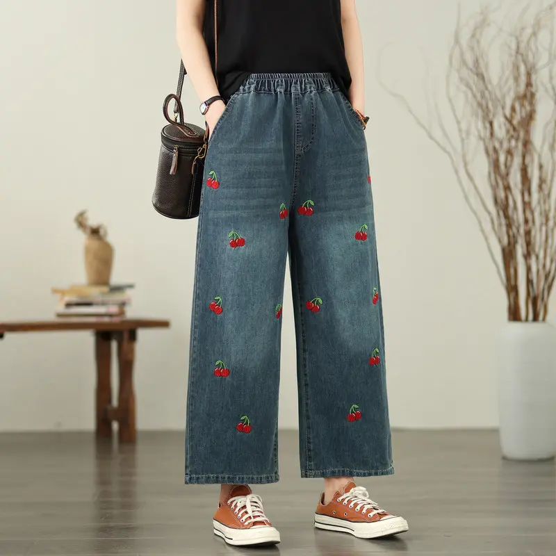 Butterfly Embroidered Loose-Fit Cotton Denim Jeans for Women