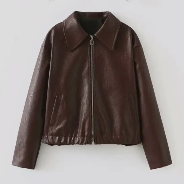 Solid Color Square Collar Leather Jacket Coat Solid Color Square Collar Leather Jacket Coat