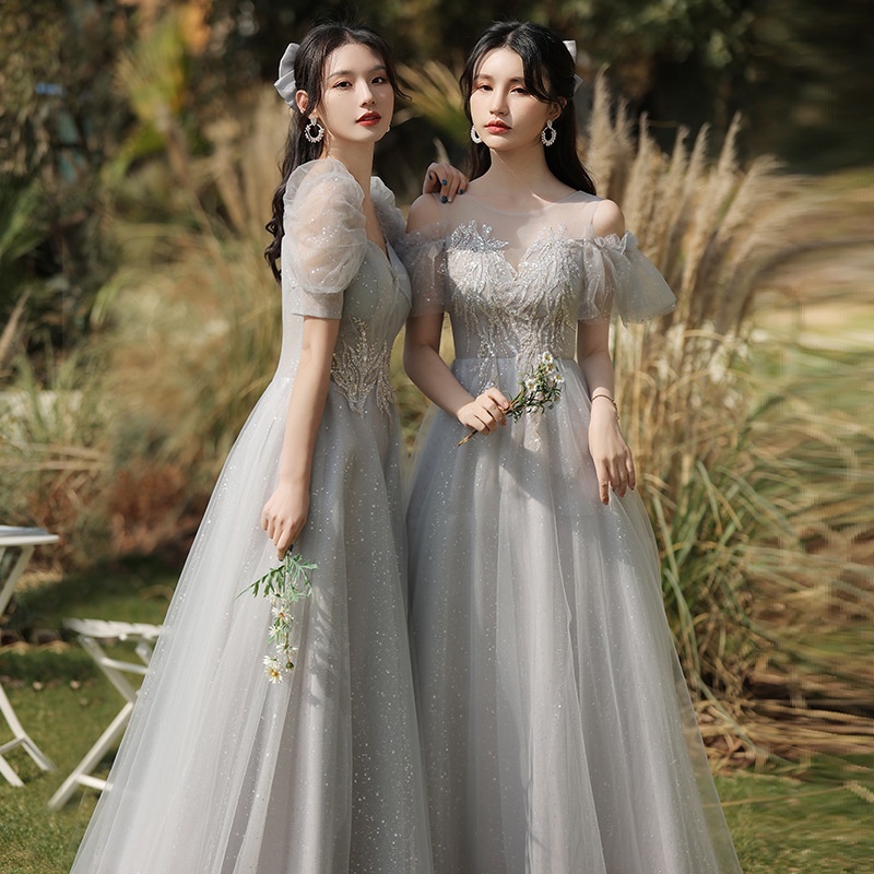 Tailored Slim-Fit Gray Long Dress for Women, 3/4 Sleeve