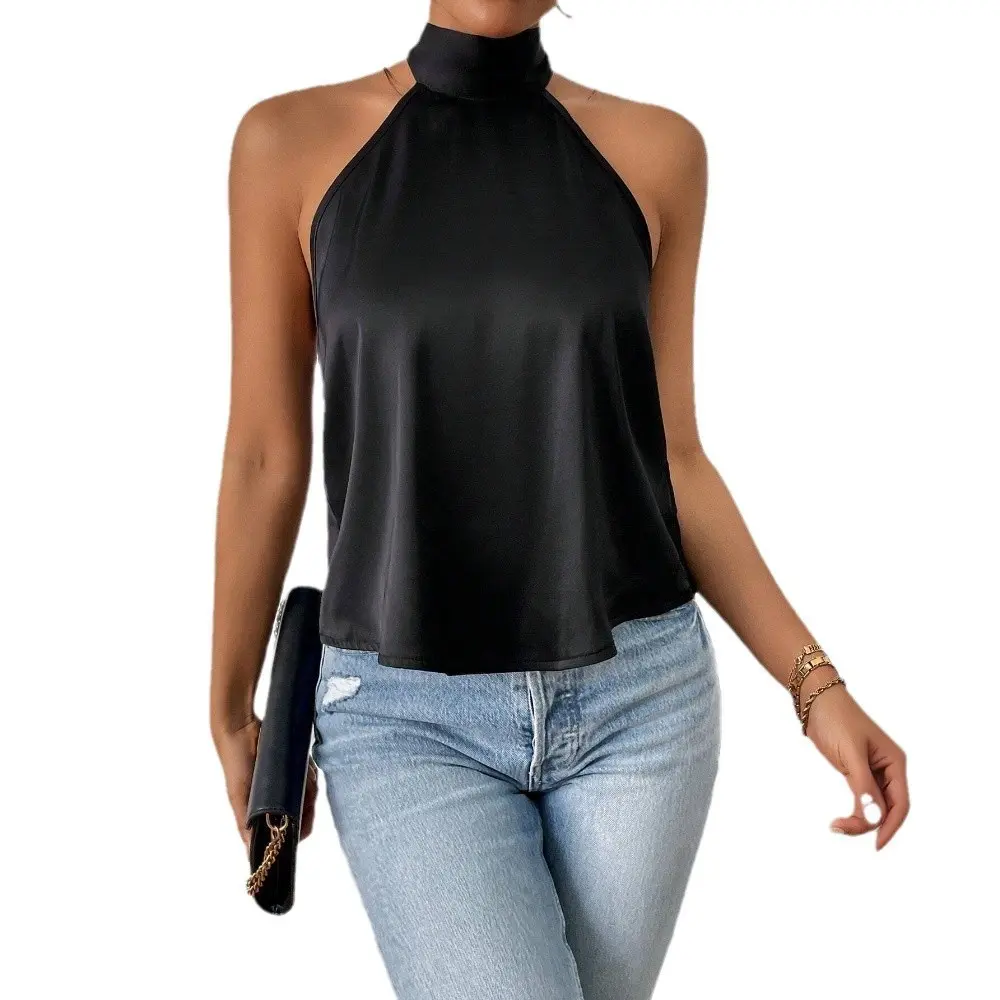Backless Halterneck Tie-Up Women’s Tank Top in Black