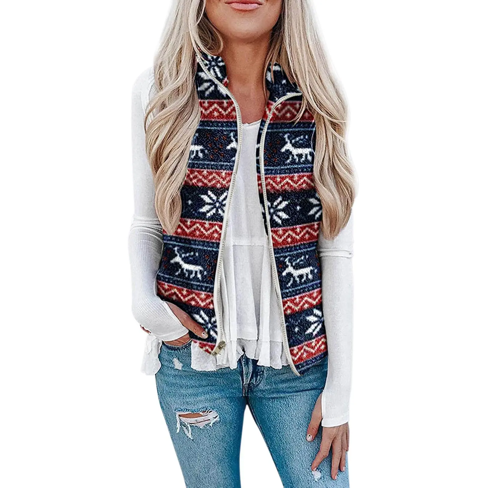 Festive Plush Printed Women’s Christmas Vest, Polyester