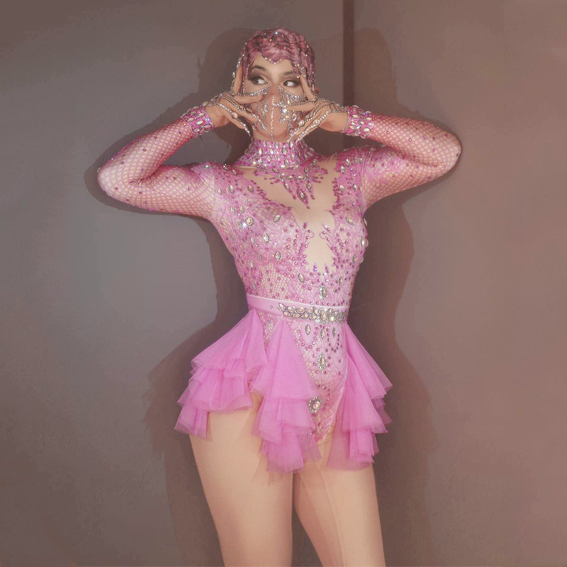 Shiny Rhinestone Mesh Jumpsuit for Stage Performance - One Size