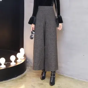 Warm Dark Brown Chenille Cropped Woolen Wide-Leg Pants for Women