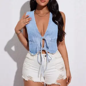Deep V-Neck Denim Tank Top for Women, Light Blue Slim Fit