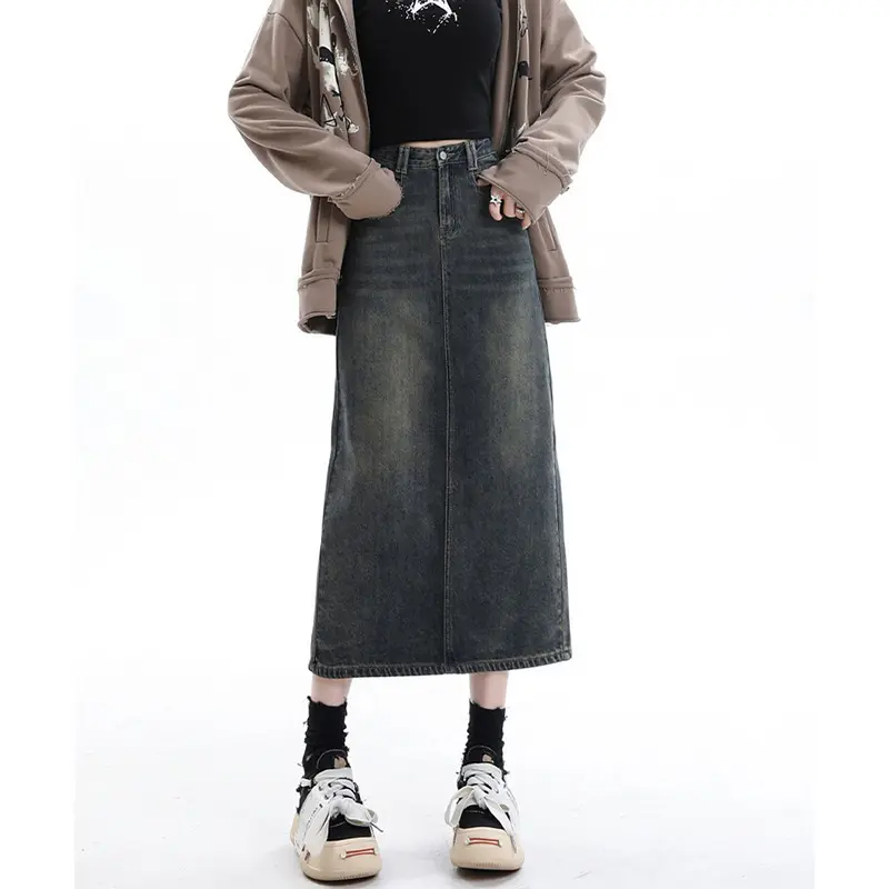 High-Waisted A-Line Denim Skirt for Retro Korean Style