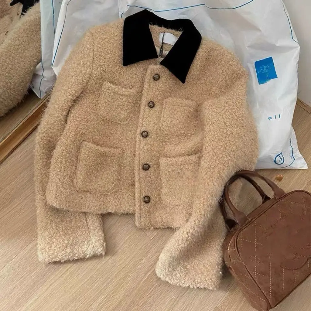 Camel Color-Block Lapel Short Jacket for Women, Loose Fit Camel Color-Block Lapel Short Jacket for Women, Loose Fit