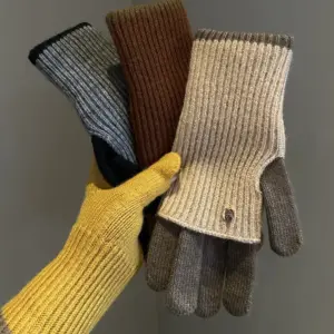 Dual-Wear Colorblock Wool Knit Gloves, Fingered Winter