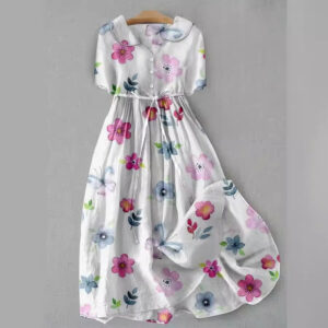 3 D Flower Print Asymmetric Long Dress with 3/4 Sleeves