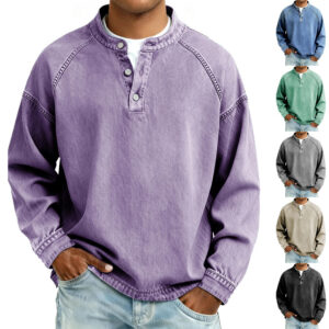 Vintage Style Men’s Solid Long-Sleeve Casual Shirt, Polyester