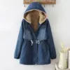 Warm Fleece-Lined Denim Padded Jacket for Women, Mid-Length