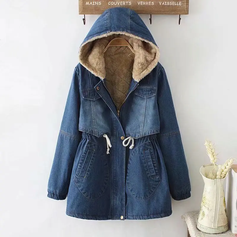Warm Fleece-Lined Denim Padded Jacket for Women, Mid-Length Warm Fleece-Lined Denim Padded Jacket for Women, Mid-Length