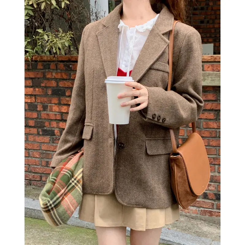 Retro Tweed Single-Breasted Coat for Women, Free Size