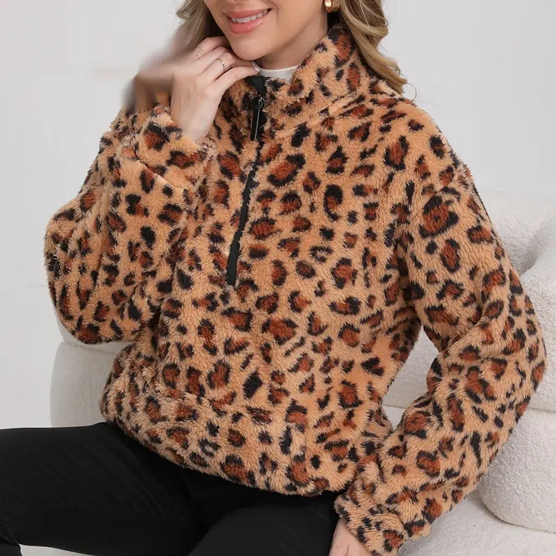 Warm Faux Lambswool Fleece Leopard-Print Hoodie Jacket