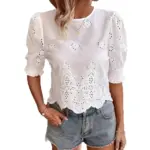 Hollow-out Embroidered Three-quarter Sleeve Womens Shirt