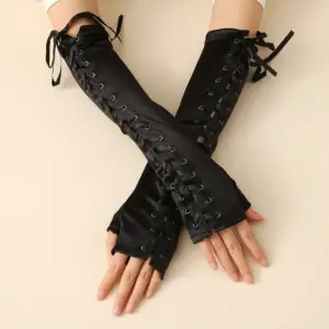 Sleek Black Satin Long Arm Sleeves for Lace-Up Fingerless Gloves