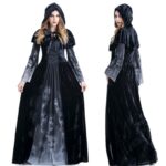 Spooky Gothic Witch Maxi Dress for Women, Black Hooded