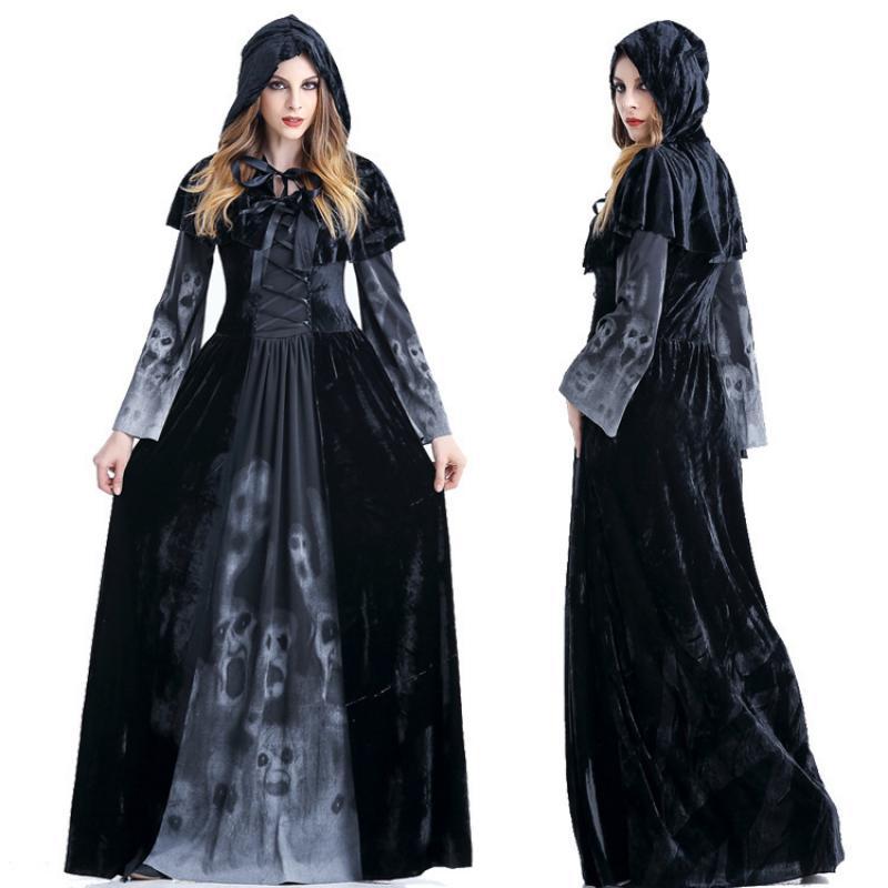 Spooky Gothic Witch Maxi Dress for Women, Black Hooded
