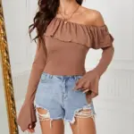 Ruffled-edge Long-sleeve T-shirt Figure-hugging Waist-cinching Base Layer