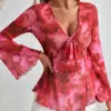 Ruffle Lace V-Neck Mesh Tie Dye Long Sleeve Top for Women Ruffle Lace V-Neck Mesh Tie Dye Long Sleeve Top for Women