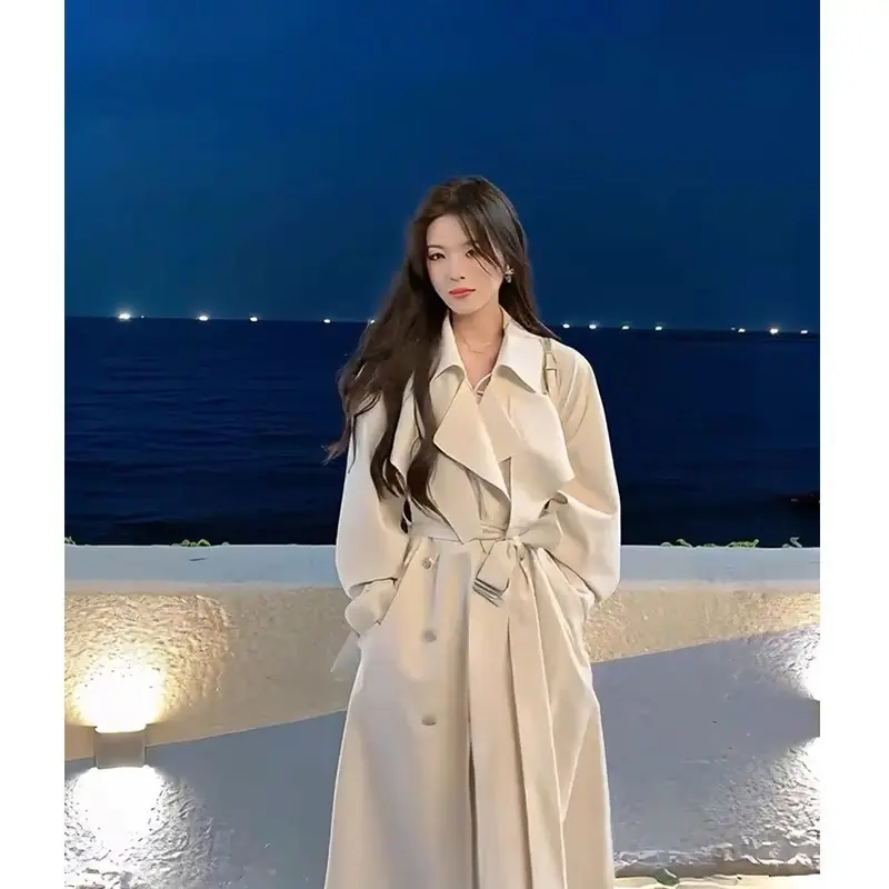 Refined British-Style Long Trench Coat with Pockets - Beige Refined British-Style Long Trench Coat with Pockets - Beige