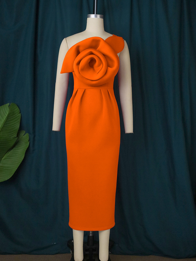 One-shoulder Diagonal Collar Three-dimensional Flower Dress For Women