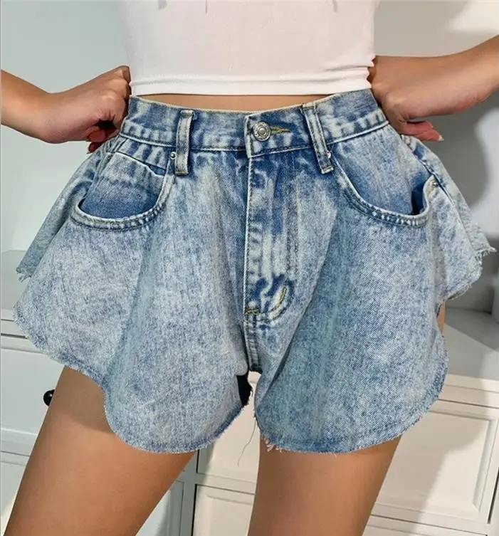 Washed High-Waist Raw-Edge Denim Shorts for Women
