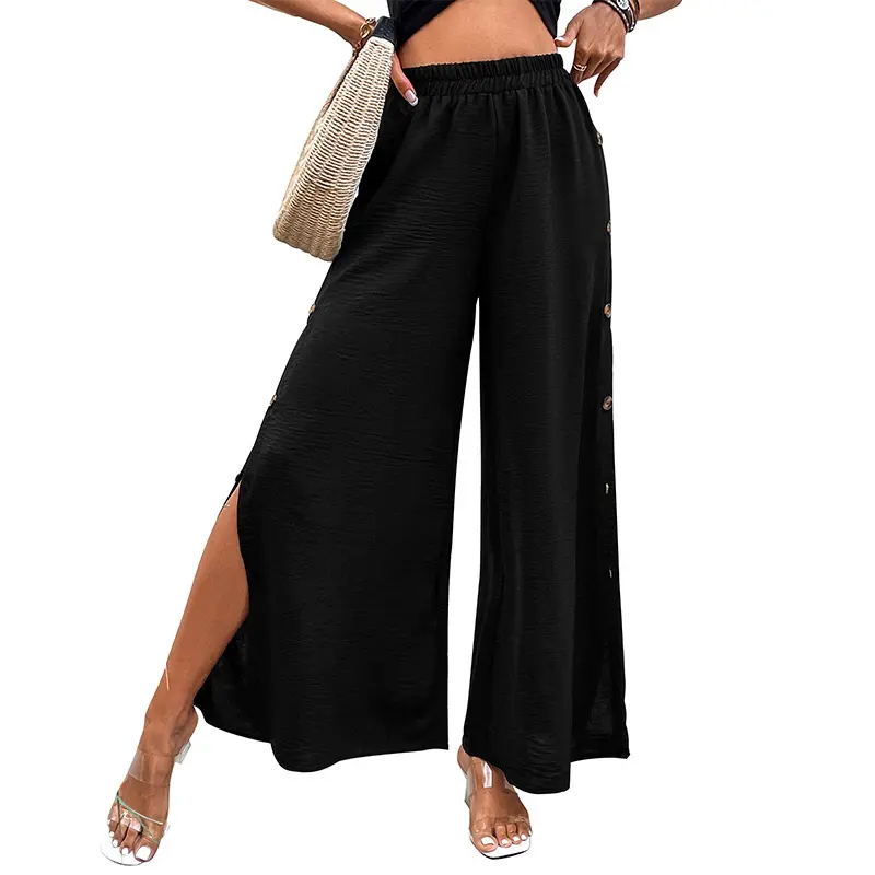 Breathable Black Wide-Leg Split Pants for Women - High Waist