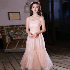 Slim Sling Bridesmaid Dress with Mesh Fabric - Pink