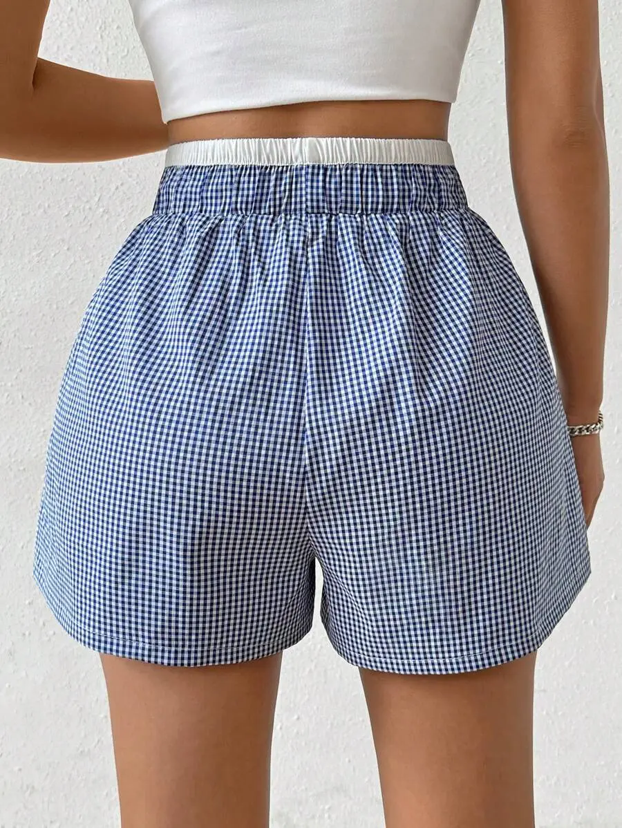 High-Waist Elastic Blue Buttoned Loose Shorts for Women
