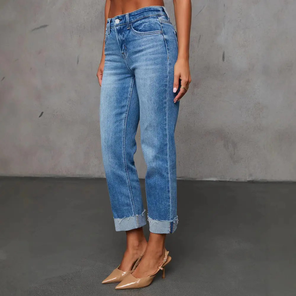Comfort-Boosting Cuffed Capri Jeans with Slight Stretch - Blue Comfort-Boosting Cuffed Capri Jeans with Slight Stretch - Blue