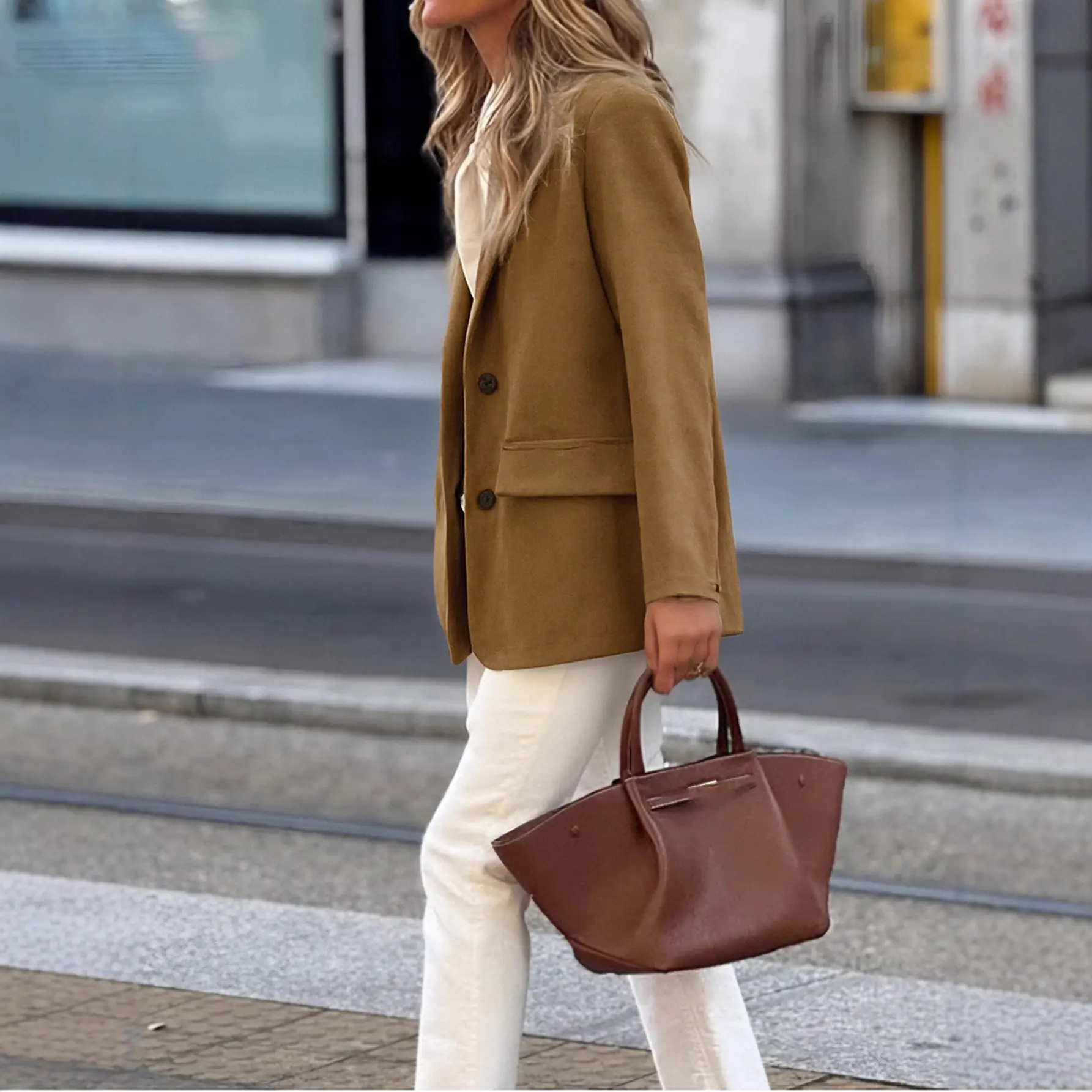 Structured Caramel Suede-Look Long-Sleeve Blazer with Buttons Structured Caramel Suede-Look Long-Sleeve Blazer with Buttons