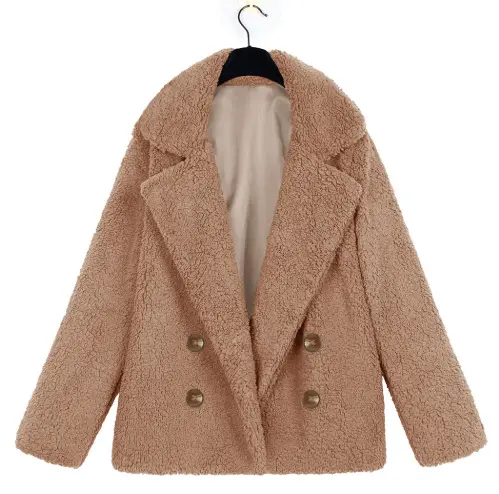 Warm Navy Plush Button Lapel Pocket Coat Shirt for Women