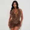 Fuzzy Collar Brown Patchwork Skirt Set for Autumn Winter