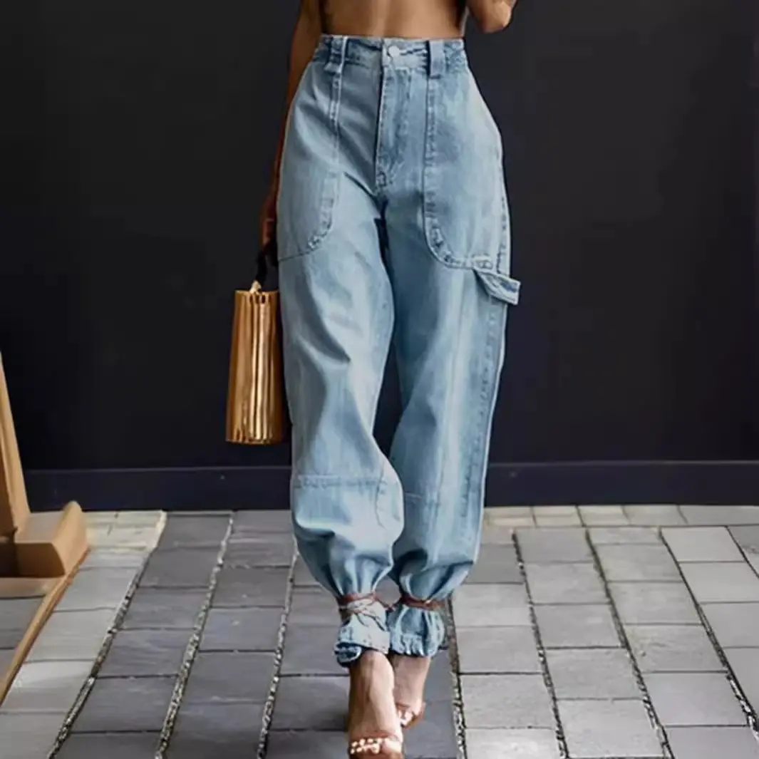 Light Blue Mid-Rise Women’s Jeans with Drawstring Ties