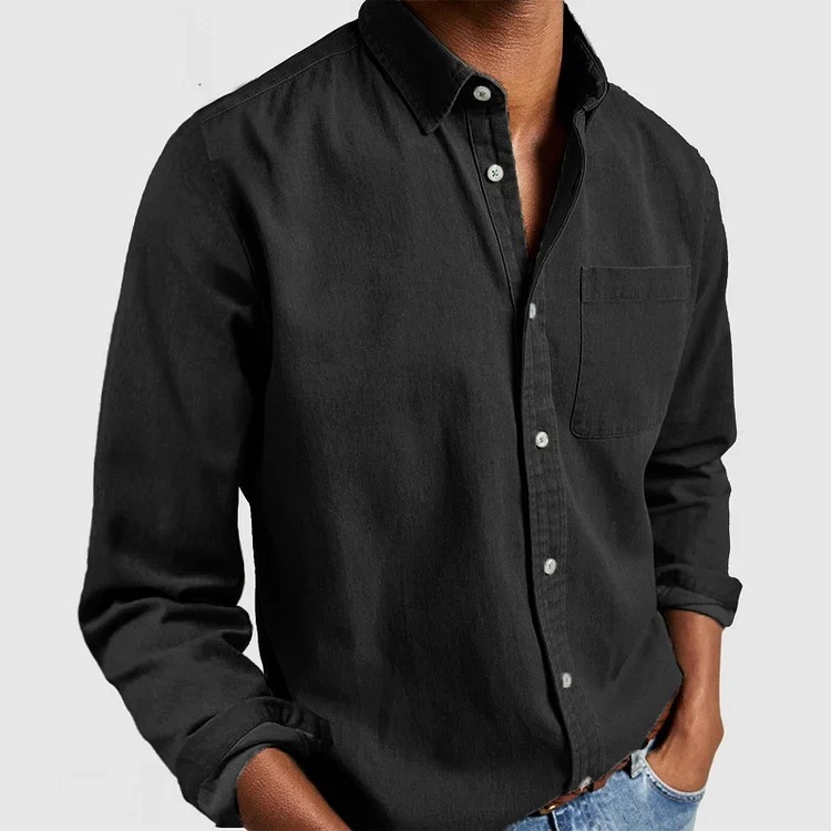 Men’s Long Sleeve Lapel Shirt in Solid Cotton-Blend - Regular Fit Men’s Long Sleeve Lapel Shirt in Solid Cotton-Blend - Regular Fit