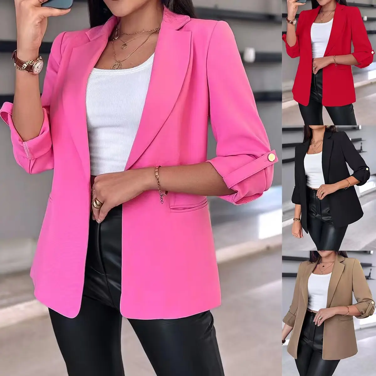 Pockets Rolled-Sleeve Casual Blazer for Women - Black Pockets Rolled-Sleeve Casual Blazer for Women - Black