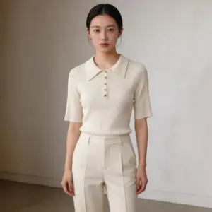 High-End Short-Sleeve Contrasting Color Lapel Knit Top