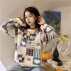 Retro Color-Block Heart Sweater Knit Top, Apricot Blue