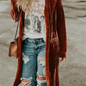 Elegant Gold Velvet Relaxed Fit Mid-Length Coat for Women