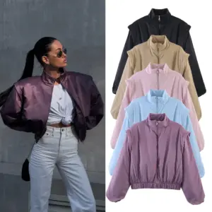 Lightweight Short Stand-Up Collar Cotton Jacket with Pockets