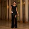 Sleeveless Round Neck Sequins Slim Fit Slit Evening Gown