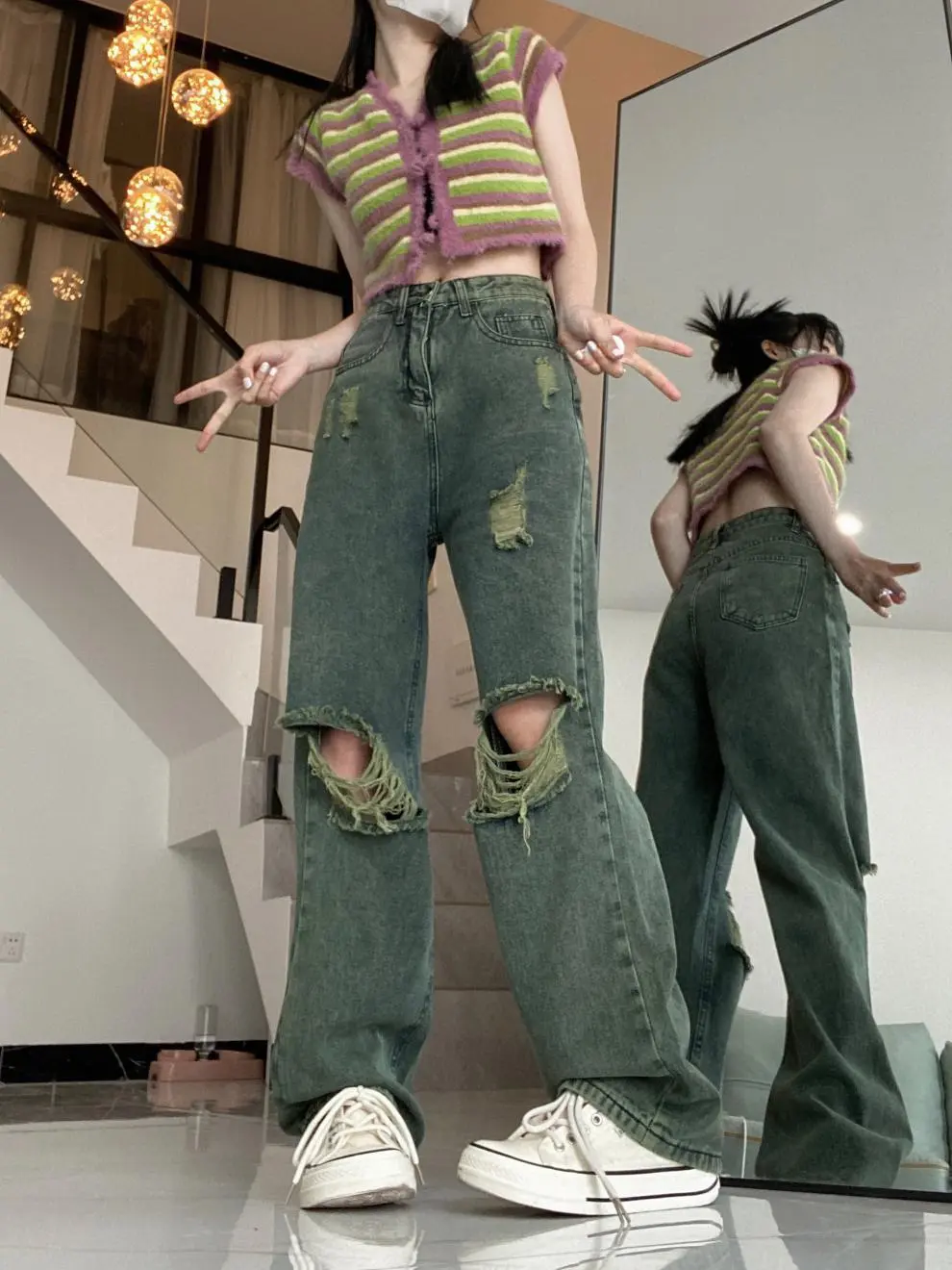 Bold Dark Green Wide-Leg Torn Denim Jeans, High Waist Bold Dark Green Wide-Leg Torn Denim Jeans, High Waist